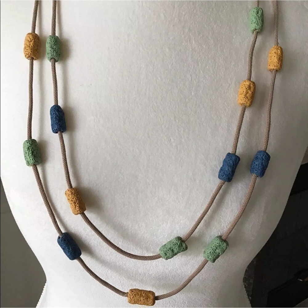 LAST 1! NEW Lava Bead Necklace & Earring SET Green Blue Gold Tube Beads on Cord - Picture 6 of 10